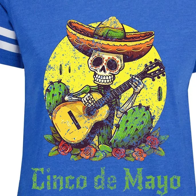 Happy Cinco de Mayo Skeleton Skull Sombrero Guitar Cactus Enza Ladies Jersey Football T-Shirt