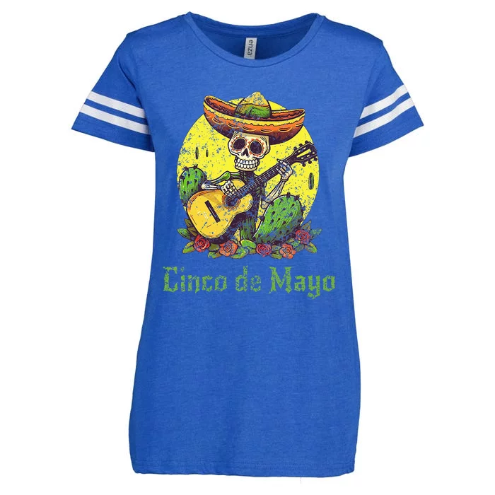 Happy Cinco de Mayo Skeleton Skull Sombrero Guitar Cactus Enza Ladies Jersey Football T-Shirt