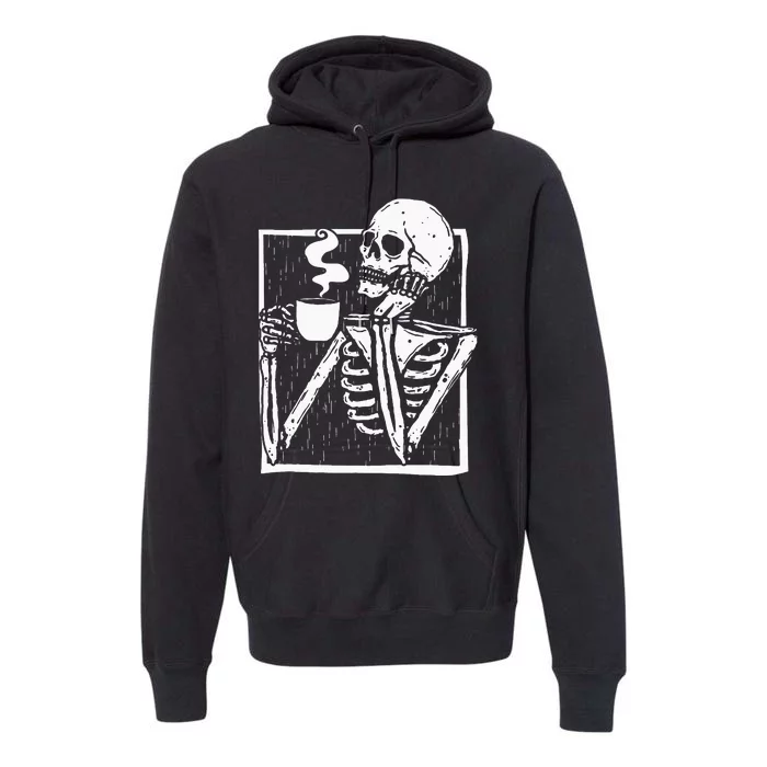 Halloween Coffee Drinking Skeleton Skull Premium Hoodie