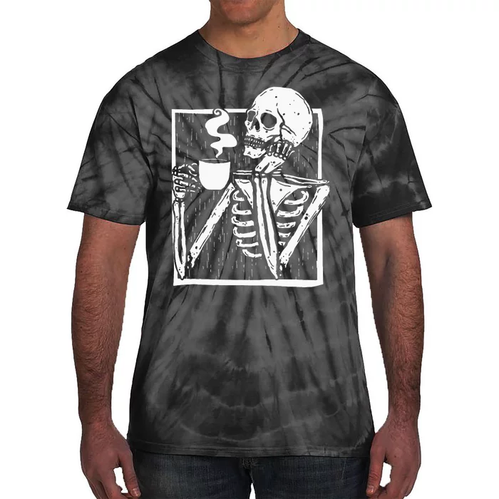 Halloween Coffee Drinking Skeleton Skull Tie-Dye T-Shirt