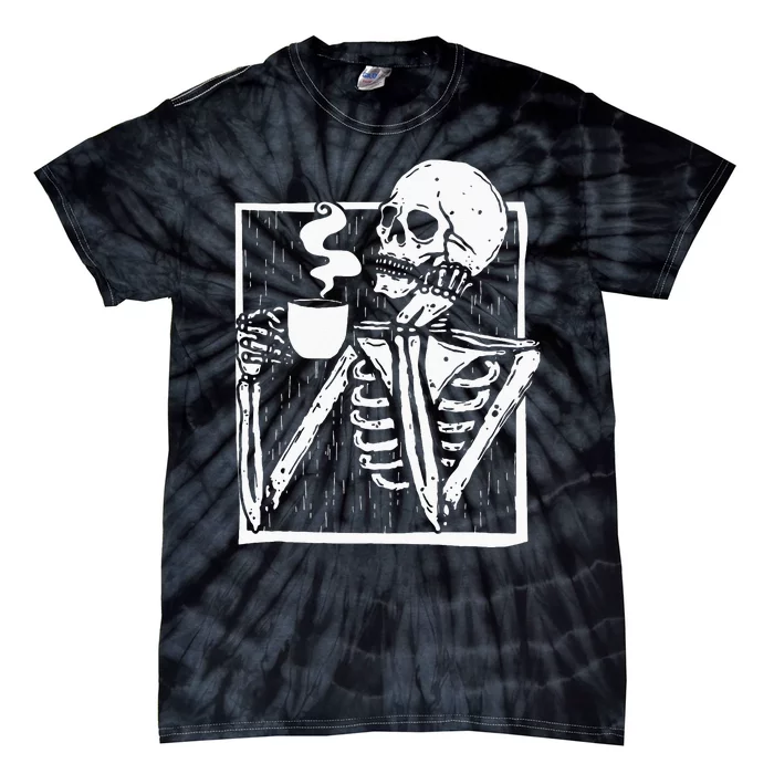 Halloween Coffee Drinking Skeleton Skull Tie-Dye T-Shirt