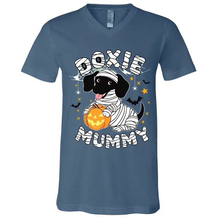 Halloween Costume Dachshund Dog Lover Doxie Mummy V-Neck T-Shirt