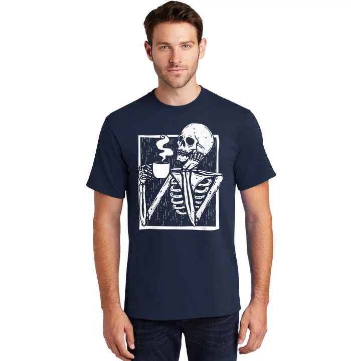 Halloween coffee drinking skeleton skull Tall T-Shirt