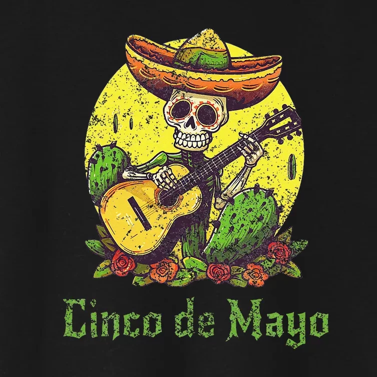 Happy Cinco De Mayo Skeleton Skull Sombrero Guitar Cactus Women's Crop Top Tee