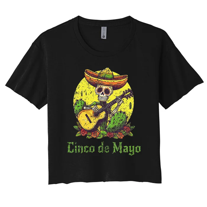 Happy Cinco De Mayo Skeleton Skull Sombrero Guitar Cactus Women's Crop Top Tee