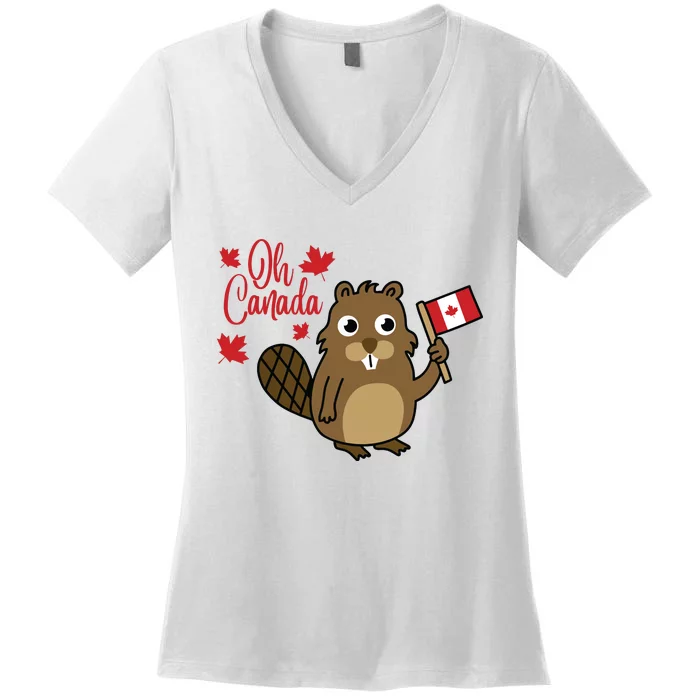 Happy Canada Day Funny Canadian Groundhog Flag Women's V-Neck T-Shirt