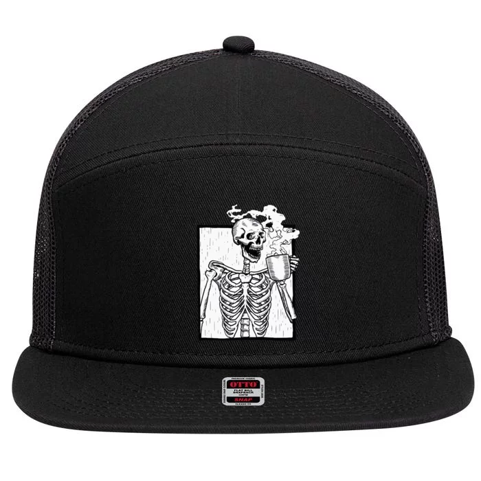 Halloween Coffee Drinking Skeleton Skull 7 Panel Mesh Trucker Snapback Hat