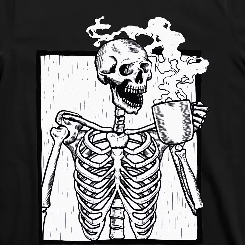 Halloween Coffee Drinking Skeleton Skull T-Shirt