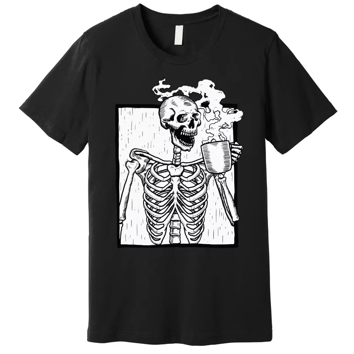 Halloween Coffee Drinking Skeleton Skull Premium T-Shirt