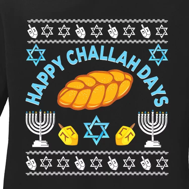 Happy Challah Days Funny Hanukkah Jewish Ugly Christmas Ladies Long Sleeve Shirt