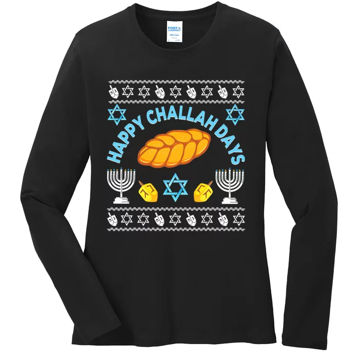 Happy Challah Days Funny Hanukkah Jewish Ugly Christmas Ladies Long Sleeve Shirt