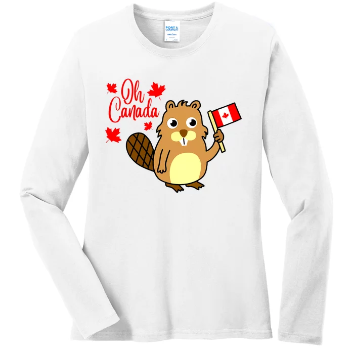 Happy Canada Day Funny Canadian Groundhog Flag Vneck Ladies Long Sleeve Shirt