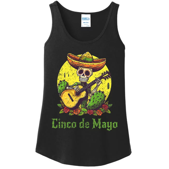 Happy Cinco De Mayo Skeleton Skull Sombrero Guitar Cactus Ladies Essential Tank