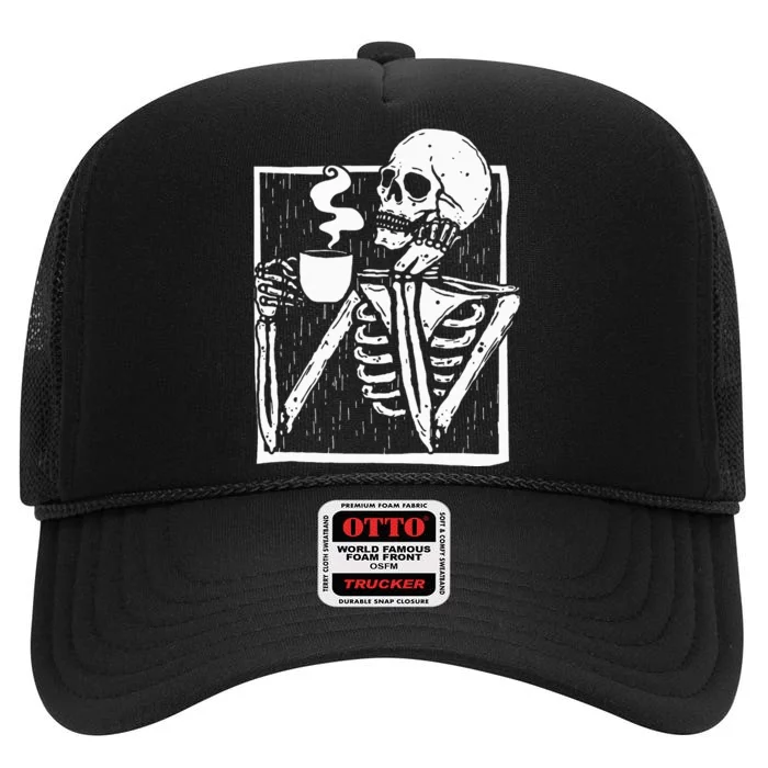 Halloween Coffee Drinking Skeleton Skull High Crown Mesh Trucker Hat