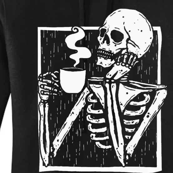 Halloween Coffee Drinking Skeleton Skull Women's Pullover Hoodie