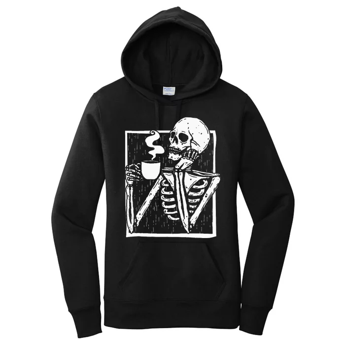 Halloween Coffee Drinking Skeleton Skull Women's Pullover Hoodie