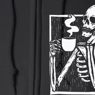 Halloween Coffee Drinking Skeleton Skull Full Zip Hoodie