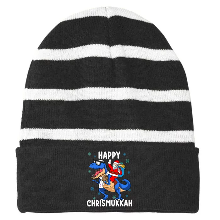 Happy Chrismukkah Funny Hanukkah Christmas Jewish Xmas Santa Dinosaur Striped Beanie with Solid Band