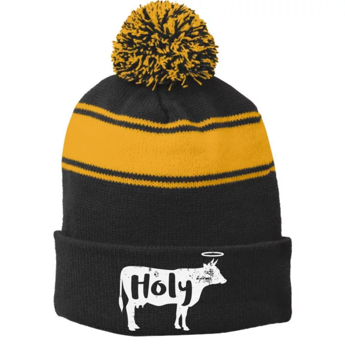 Holy Cow Funny Dairy Farmer Midwest Pride Stripe Pom Pom Beanie