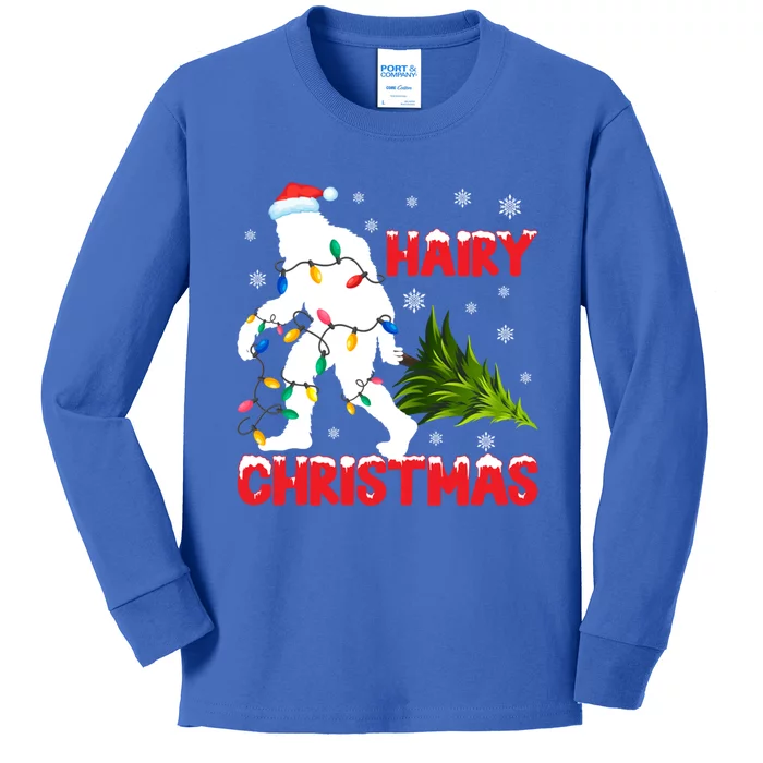 Hairy Christmas Funny Bigfoot Xmas Santa Hat Family Matching Gift Kids Long Sleeve Shirt