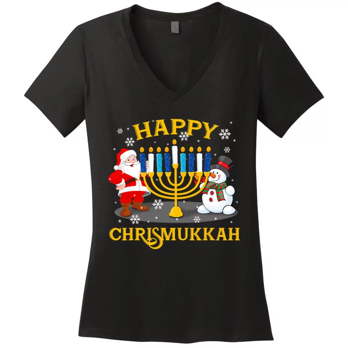 Happy Chrismukkah Funny Hanukkah Christmas Jewish Gifts Xmas Women's V-Neck T-Shirt