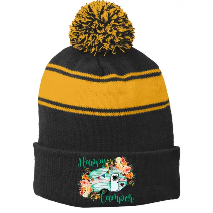 Happy Camper Funny Matching Camping Crew flowers Stripe Pom Pom Beanie