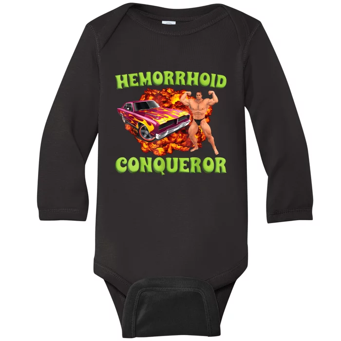 Hemorrhoid Conqueror Funny Meme Weird Offensive Cringe Joke Baby Long Sleeve Bodysuit