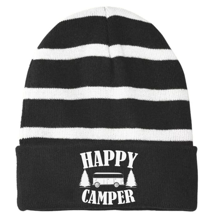 Happy Camper Funny Camping Meme Vintage Striped Beanie with Solid Band