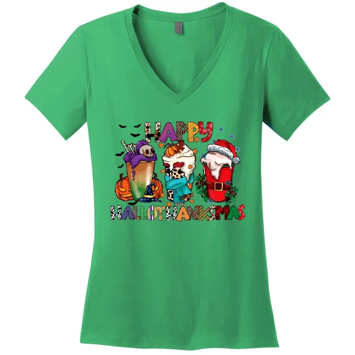 Hallothanksmas Coffee Fall Vibes Cute Halloween Thanksgiving Women's V-Neck T-Shirt