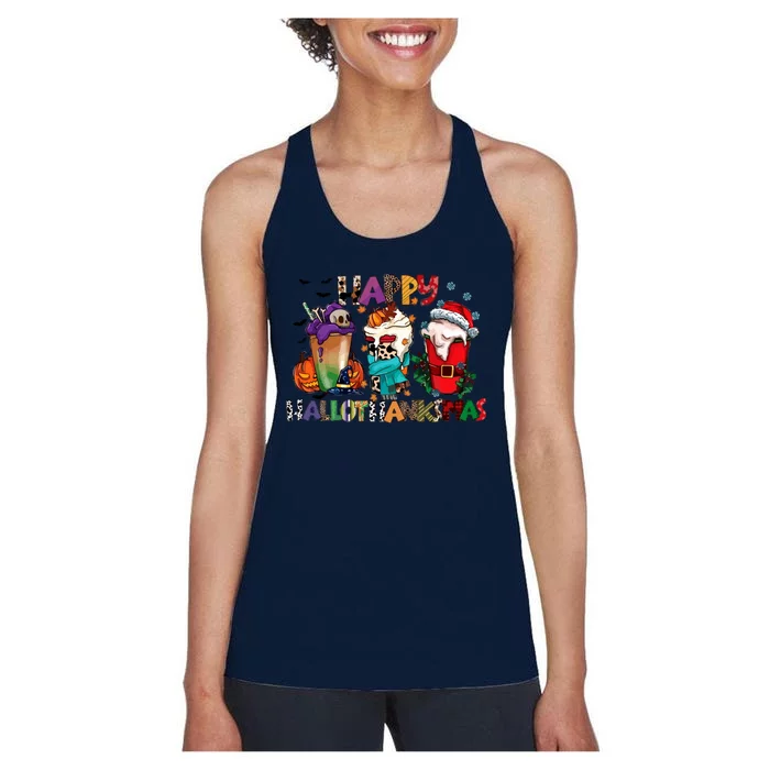 Hallothanksmas Coffee Fall Vibes Cute Halloween Thanksgiving Women's Racerback Tank