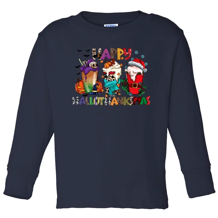 Hallothanksmas Coffee Fall Vibes Cute Halloween Thanksgiving Toddler Long Sleeve Shirt