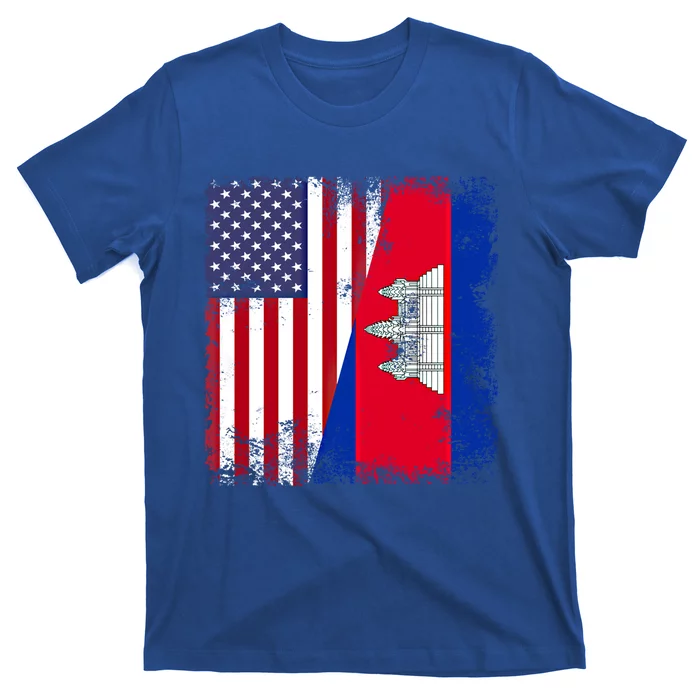 Half Cambodian Flag Vintage Cambodia Usa Gift Funny Gift T-Shirt