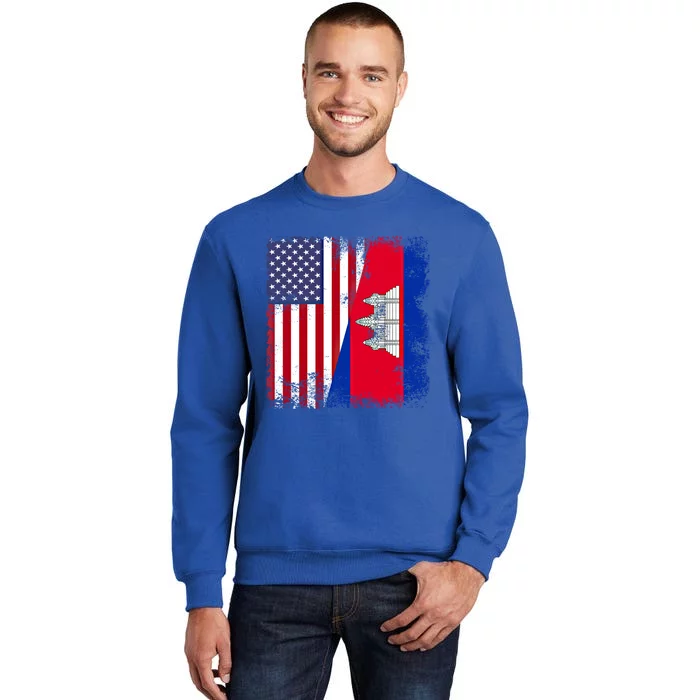 Half Cambodian Flag Vintage Cambodia Usa Gift Funny Gift Tall Sweatshirt