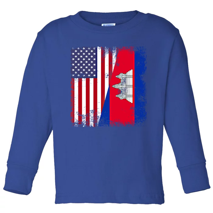 Half Cambodian Flag Vintage Cambodia Usa Gift Funny Gift Toddler Long Sleeve Shirt