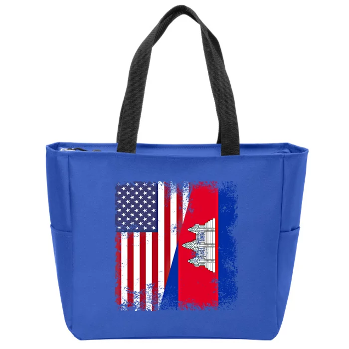 Half Cambodian Flag Vintage Cambodia Usa Gift Funny Gift Zip Tote Bag