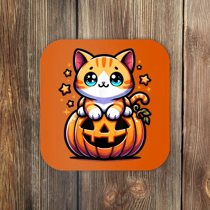 Halloween Cat Funny Fall Pumpkin Cat Lover Cute Coaster