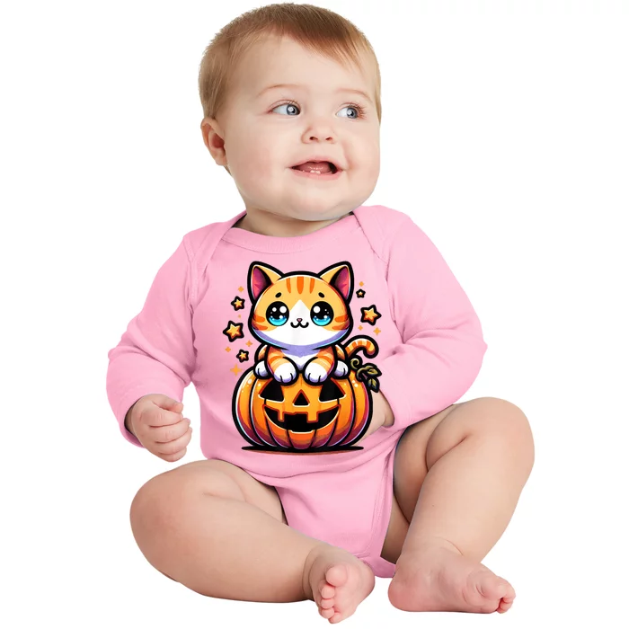 Halloween Cat Funny Fall Pumpkin Cat Lover Cute Baby Long Sleeve Bodysuit