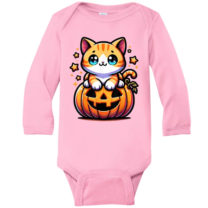 Halloween Cat Funny Fall Pumpkin Cat Lover Cute Baby Long Sleeve Bodysuit