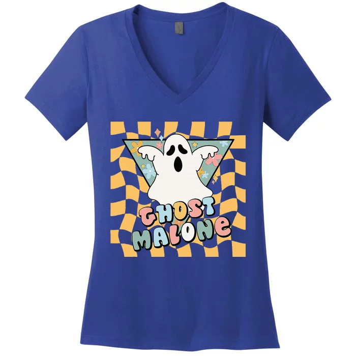 Halloween Cute Ghost Malone Parody Post Cool Hip Hop Joke Women's V-Neck T-Shirt