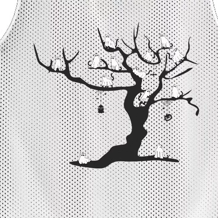 Halloween Cute Ghost Kitty Cats on a Tree Mesh Reversible Basketball Jersey Tank