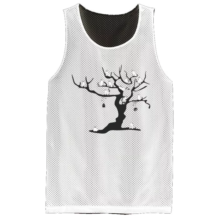 Halloween Cute Ghost Kitty Cats on a Tree Mesh Reversible Basketball Jersey Tank