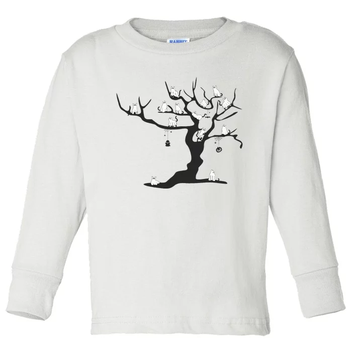 Halloween Cute Ghost Kitty Cats on a Tree Toddler Long Sleeve Shirt