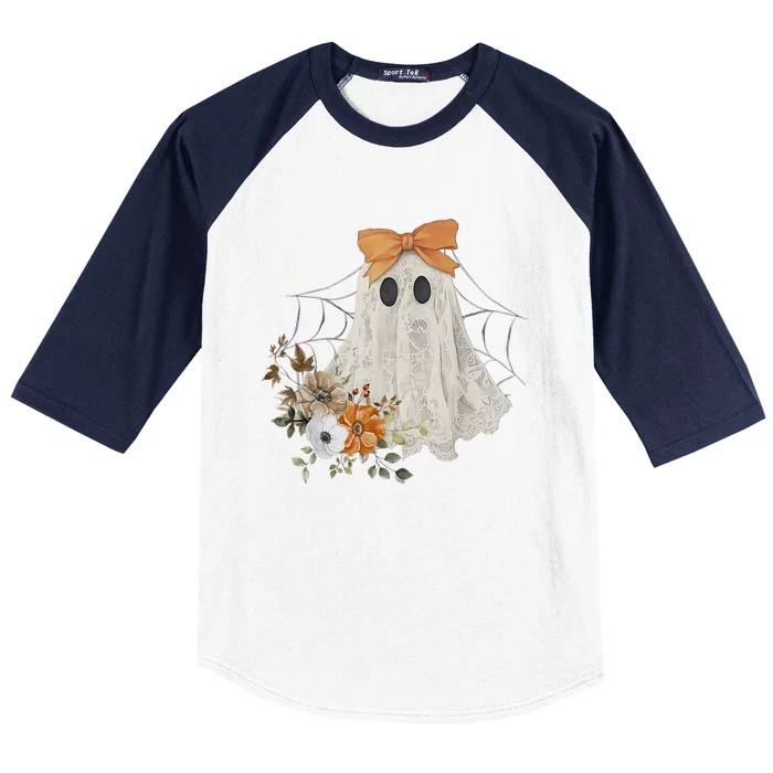 Halloween Coquette Ghost Flower Ghost Spooky Lace Ghost Gift Baseball Sleeve Shirt