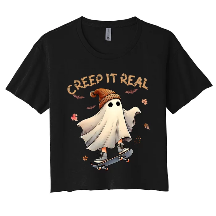 Halloween Cool Ghost Riding Skateboard Girl Boy Women's Crop Top Tee