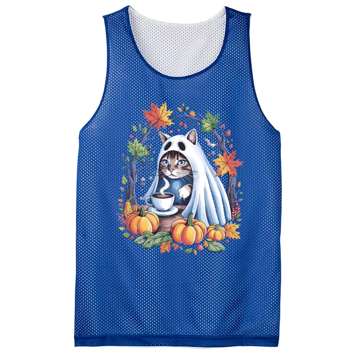 Halloween Cat Ghost With Coffee And Pumpkins Great Gift Mesh Reversible Basketball Jersey Tank