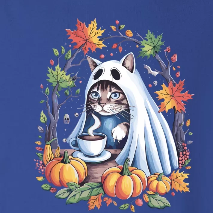 Halloween Cat Ghost With Coffee And Pumpkins Great Gift Toddler Long Sleeve Shirt