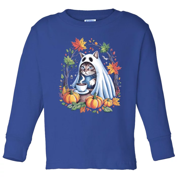 Halloween Cat Ghost With Coffee And Pumpkins Great Gift Toddler Long Sleeve Shirt