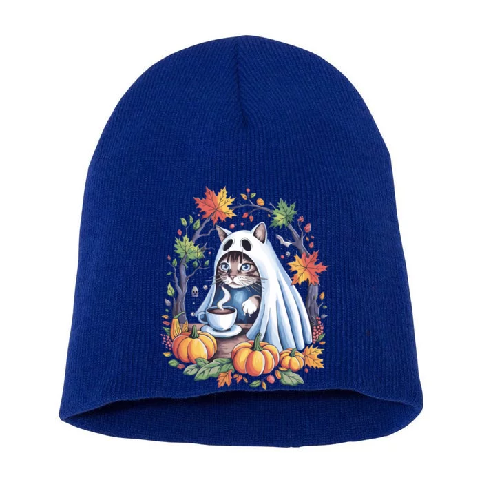 Halloween Cat Ghost With Coffee And Pumpkins Great Gift Short Acrylic Beanie