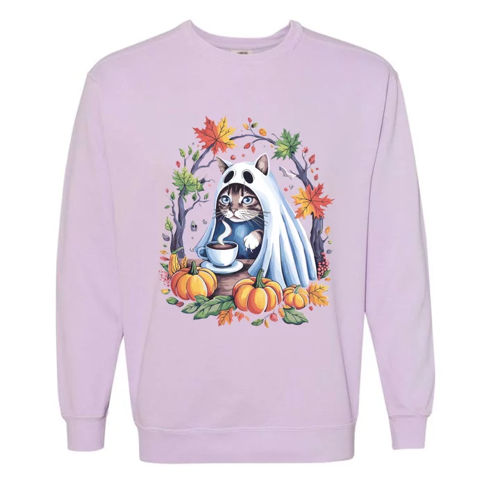 Halloween Cat Ghost With Coffee And Pumpkins Great Gift Garment-Dyed Sweatshirt