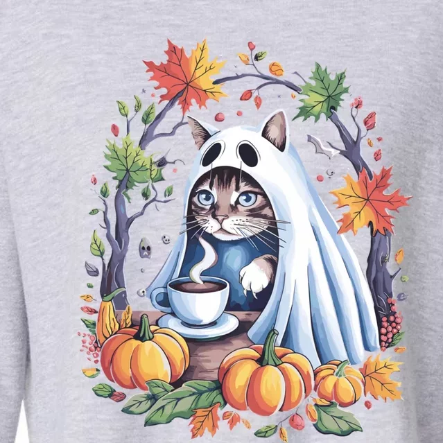 Halloween Cat Ghost With Coffee And Pumpkins Great Gift Cropped Pullover Crew